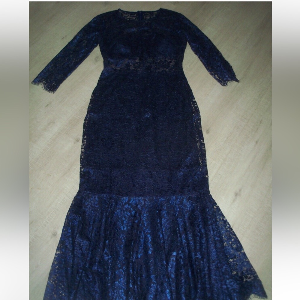 NWT Basix navy lace midi dress with sheer lace overlay at waist
